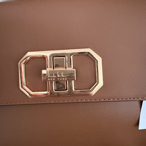 Nicole Miller New York Women's Leather Shoulder Bag Tan Scarf Accent NWT - Picture 2 of 12